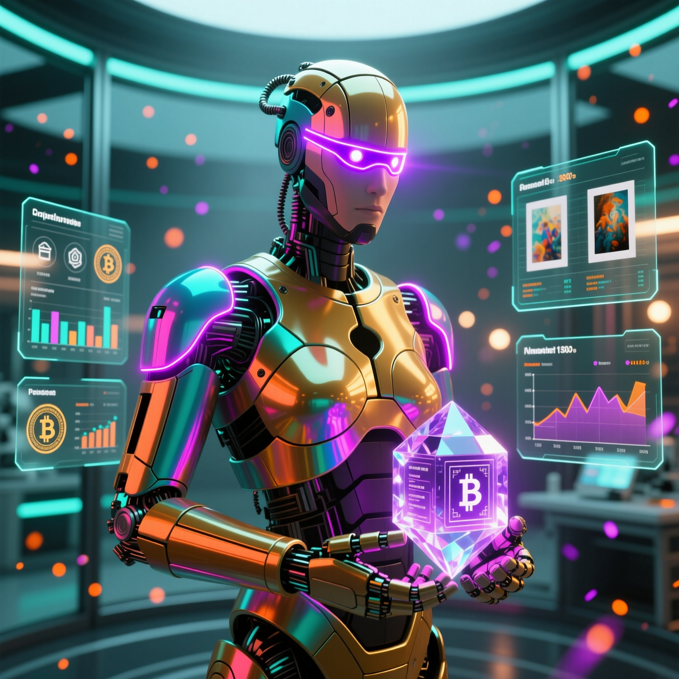 CanvasVault — Studio Inventory & Provenance Command Center — Investment category hero — hyper-detailed humanoid robot with glossy plating and glowing visor eyes, striking a confident hero pose in the center of the frame in sleek high-tech laboratory with glass walls, floating data panels and particle light