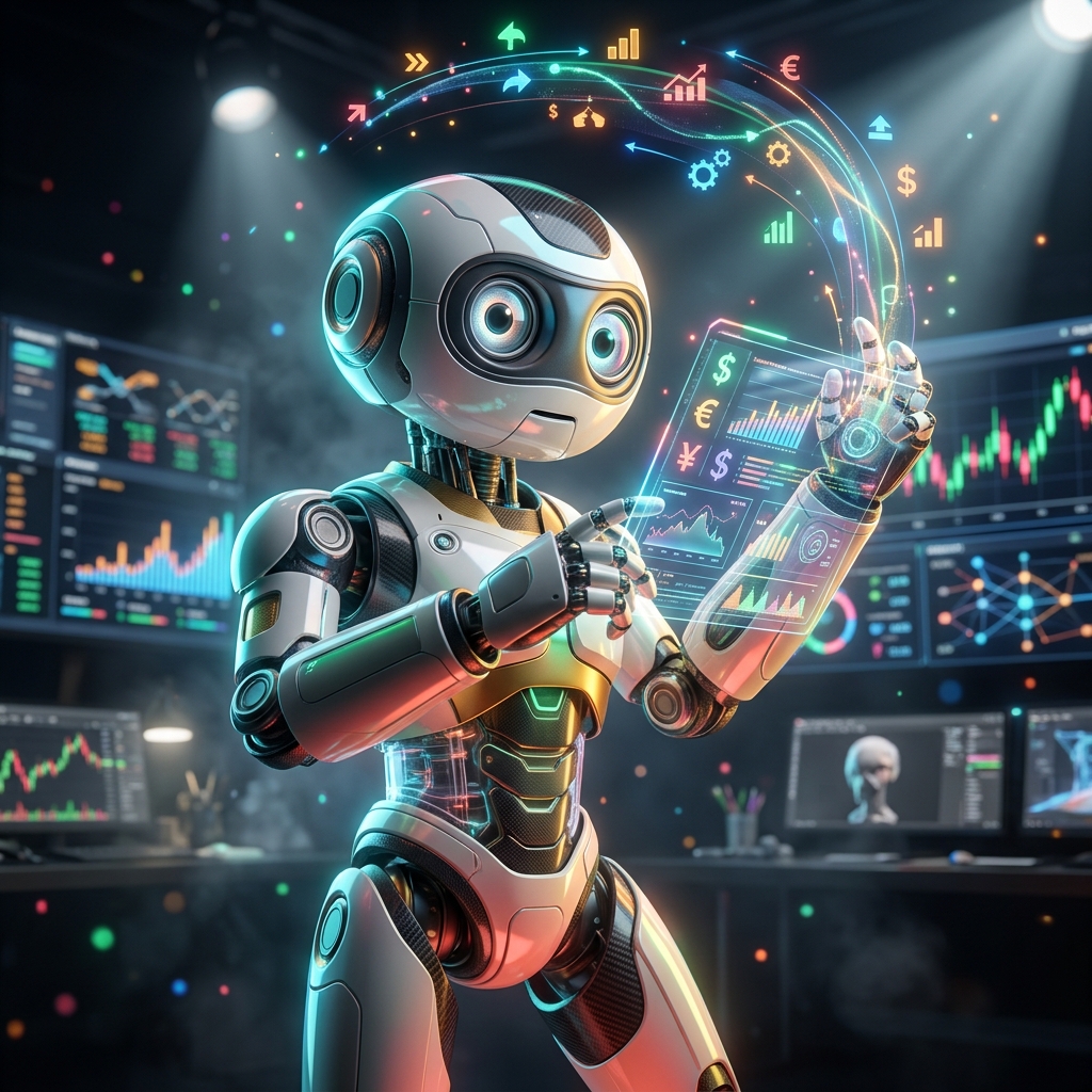 CapitalFlow Terminal — Financial Strategy & Studio Operations — Business Management category hero — friendly Pixar-quality mascot robot with big expressive optical eyes, holding an object that represents the category in dark cinematic stage with dramatic spotlights streaming down and a hazy atmospheric fog