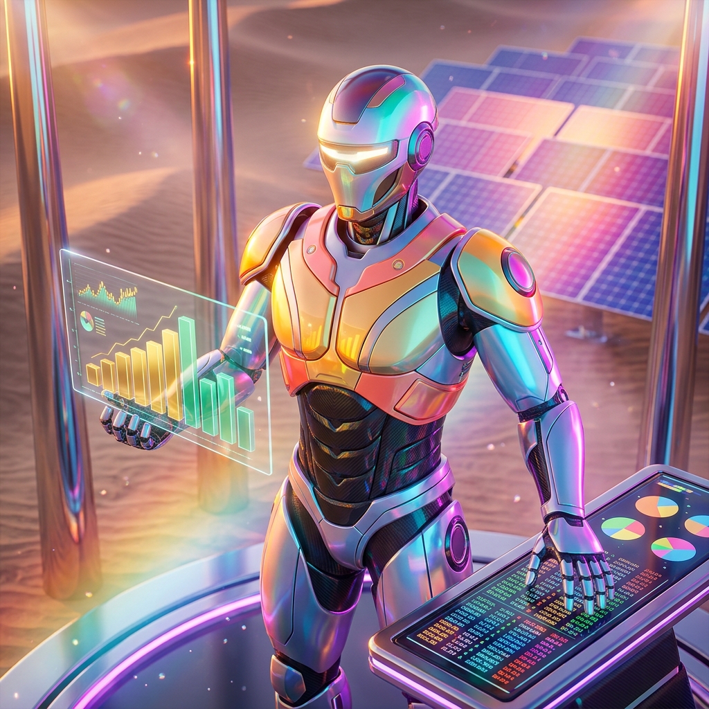 CapitalGrid Mission Control – Financial Operations Cockpit — Digital Banking & Financial Solutions category hero — hyper-detailed humanoid robot with glossy plating and glowing visor eyes, striking a confident hero pose in the center of the frame in desert solar farm at magic hour with reflective sand and towering chrome pylons