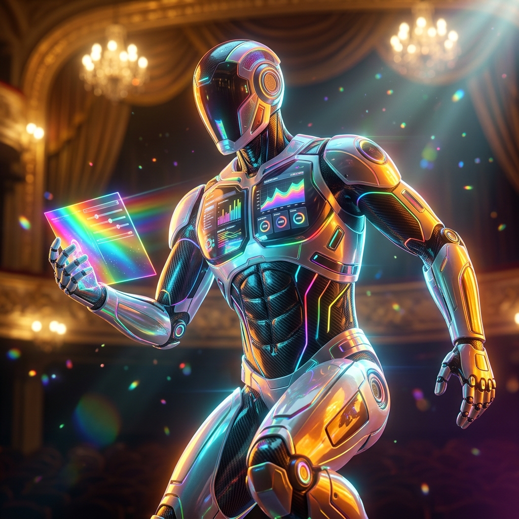 CapitalMesh Terminal — Financial Strategy Command — Finance & Fintech category hero — sleek sports-car-inspired bipedal android mid-motion, carbon-fiber musculature and glowing accent lines in golden-lit theater interior with heavy velvet curtains and cinematic chandeliers