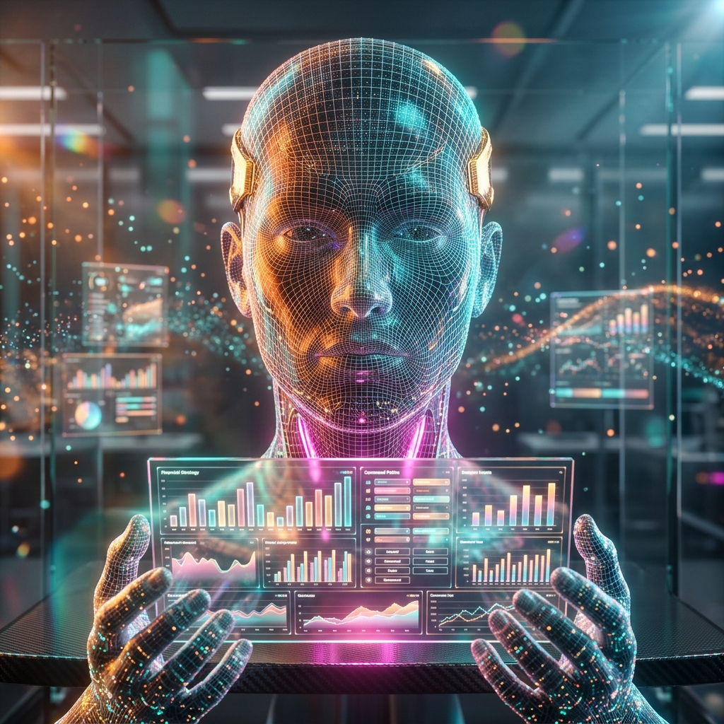 CapitalVector — Financial Strategy Terminal — Investment & Market Insights category hero — wireframe holographic human head made of glowing data points, floating in the frame center in sleek high-tech laboratory with glass walls, floating data panels and particle light