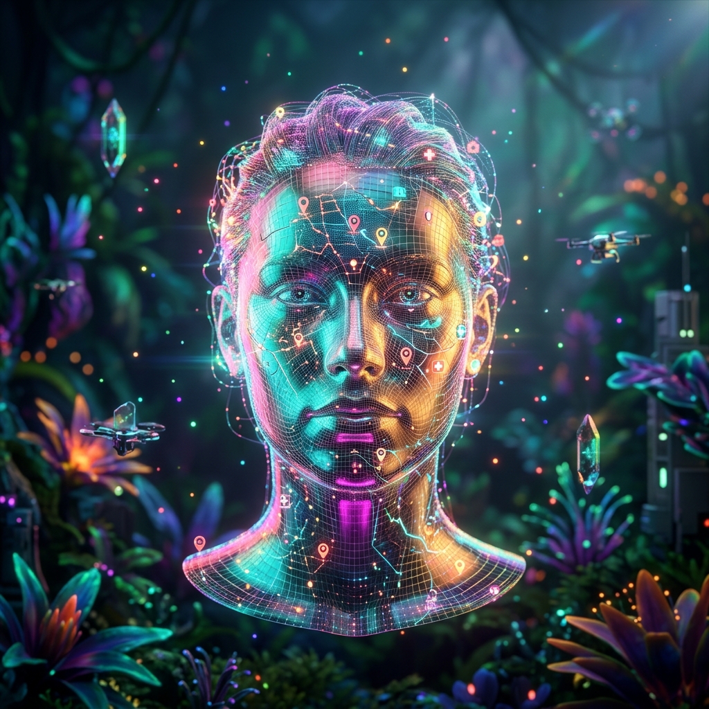CareGrid Dispatch — Telehealth Field Operations — Health category hero — wireframe holographic human head made of glowing data points, floating in the frame center in alien jungle biome with glowing flora and floating tech artifacts
