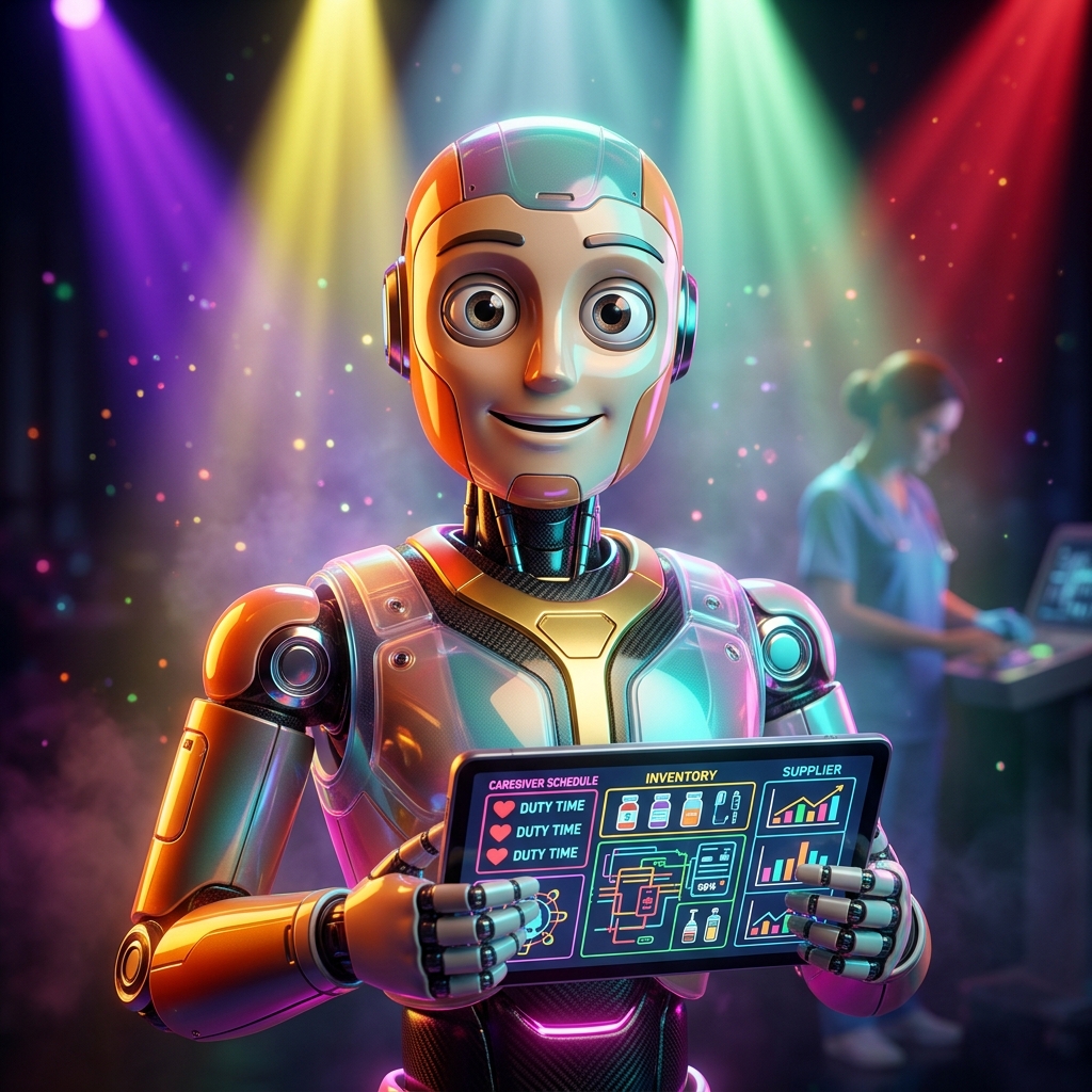 Careshift Command — Elder Care Operations — Senior Care category hero — friendly Pixar-quality mascot robot with big expressive optical eyes, holding an object that represents the category in dark cinematic stage with dramatic spotlights streaming down and a hazy atmospheric fog