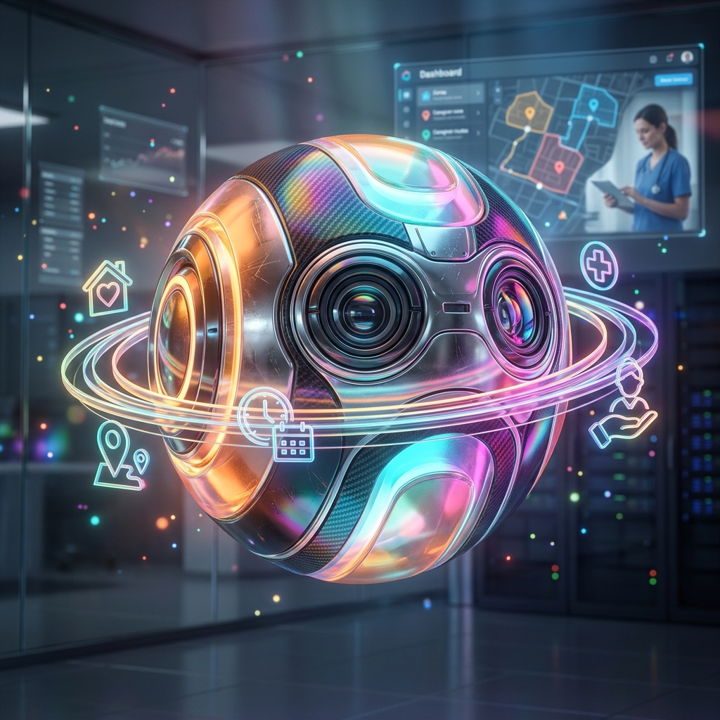 Carestack · Home care field command — Senior Care category hero — floating spherical AI orb with concentric glowing rings and orbiting holographic icons around it in sleek high-tech laboratory with glass walls, floating data panels and particle light