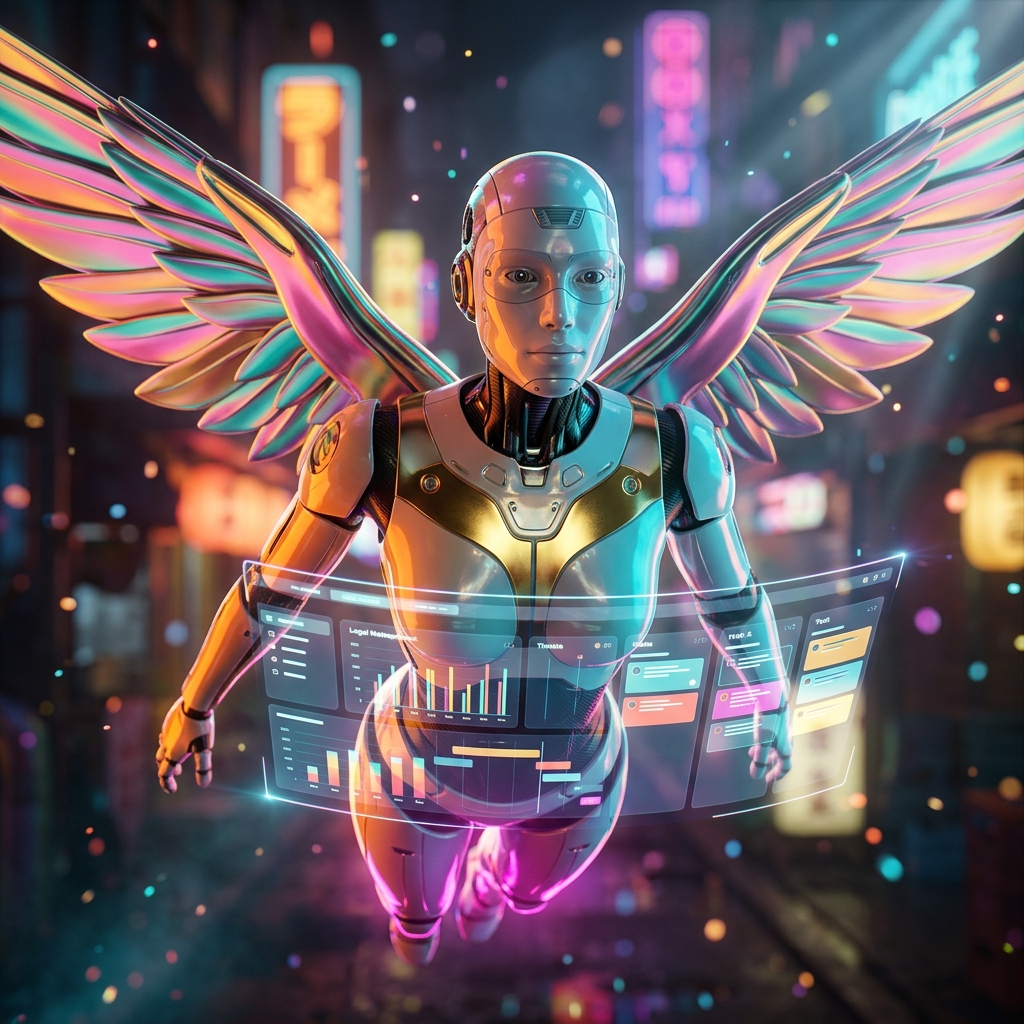 CaseAtlas | Legal Matter Command — DIY category hero — courier-style android with iridescent wings unfurled, mid-flight silhouette against the environment in Blade-Runner-style noodle-shop alley with dense neon signage in the background