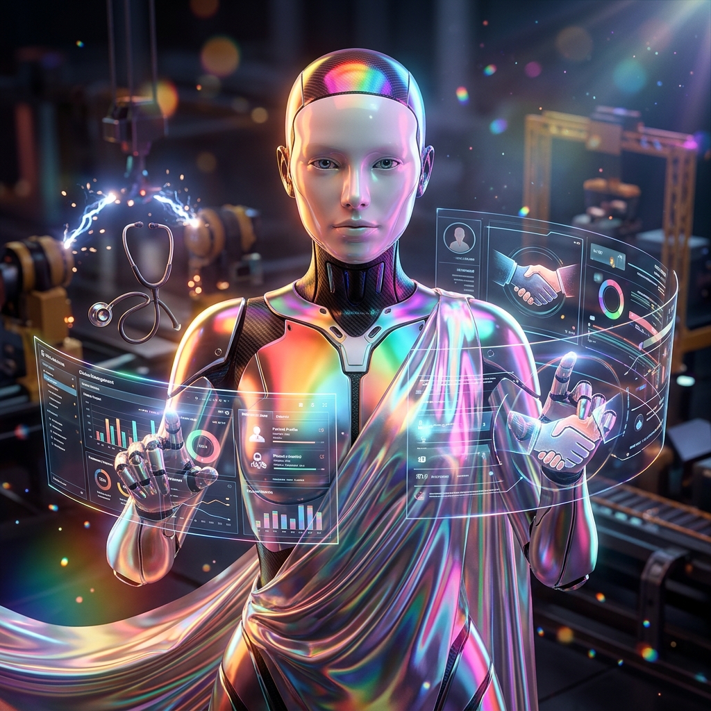 CasePilot — Clinical & Partner Case Command Center — Art category hero — elegant fashion-forward android in flowing reflective couture fabric, editorial pose in magnetic-levitation factory floor with sparking arcs of electricity and machinery