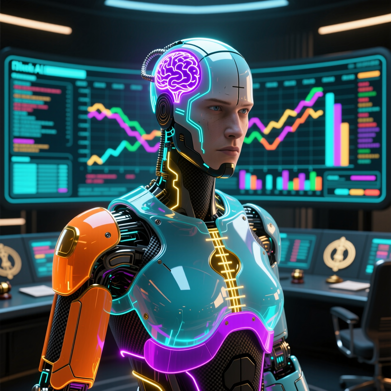CaseProsecutor Suite — Prosecution Command Console — Legal category hero — translucent glass humanoid figure with a glowing neural-network brain visible inside its head in futuristic control room with massive glowing holographic screens and volumetric light rays