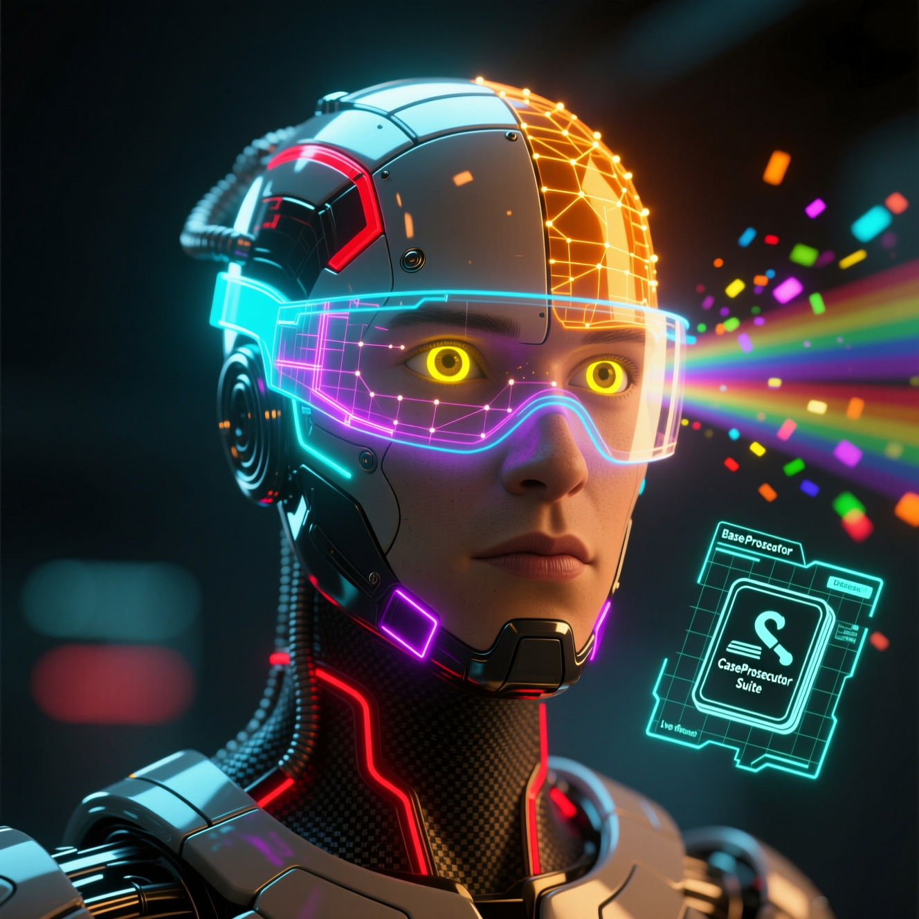 CaseProsecutor Suite — Prosecution Field Operations Command — Legal category hero — wireframe holographic human head made of glowing data points, floating in the frame center in Formula-1 style pit garage with saturated color lighting and mechanical detail