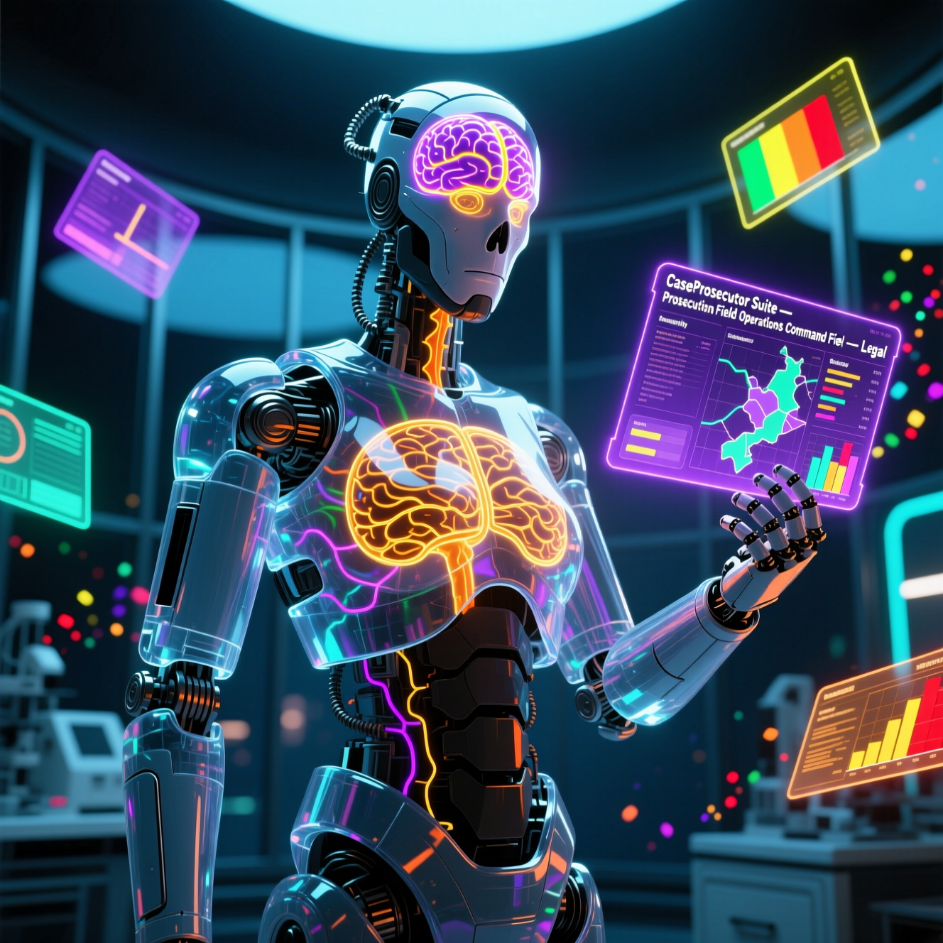 CaseProsecutor Suite — Prosecution Field Operations Command Fiel — Legal category hero — translucent glass humanoid figure with a glowing neural-network brain visible inside its head in sleek high-tech laboratory with glass walls, floating data panels and particle light