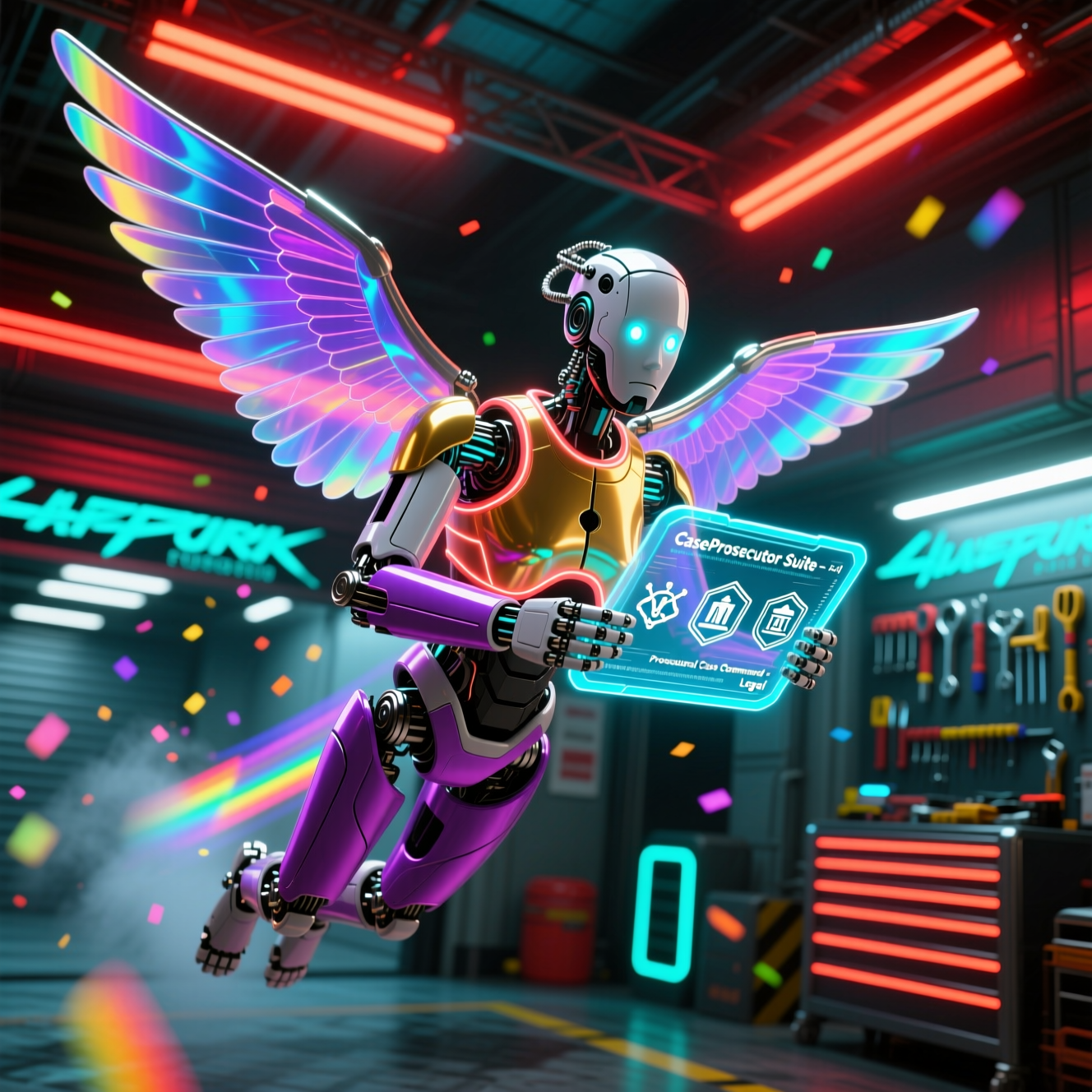 CaseProsecutor Suite — Prosecutorial Case Command — Legal category hero — courier-style android with iridescent wings unfurled, mid-flight silhouette against the environment in Formula-1 style pit garage with saturated color lighting and mechanical detail
