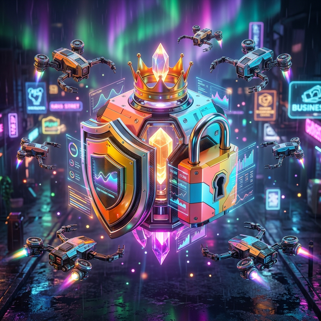 CashflowAtlas | Financial Strategy Terminal — Finance & Fintech category hero — glowing digital shield / padlock / crown / crystal object at the frame center, protected by hovering tech drones in neon-lit cyberpunk street at night, wet pavement reflections, hovering holograms in the background