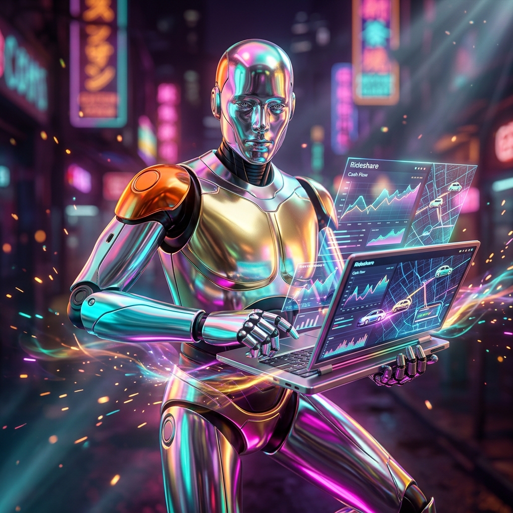 Cashiér Ledge — Rideshare Finance Terminal — Rideshare category hero — chrome-plated bipedal android caught mid-motion, sparks and light particles trailing around it in Blade-Runner-style noodle-shop alley with dense neon signage in the background