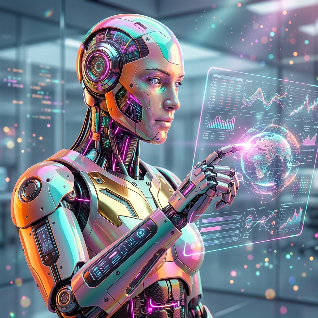 Cashline Atlas | Financial Strategy Terminal β Finance & Fintech category hero β cinematic cyborg character seen in three-quarter profile, exposed circuitry glowing beneath translucent skin, intense neon rim light in sleek high-tech laboratory with glass walls, floating data panels and particle light
