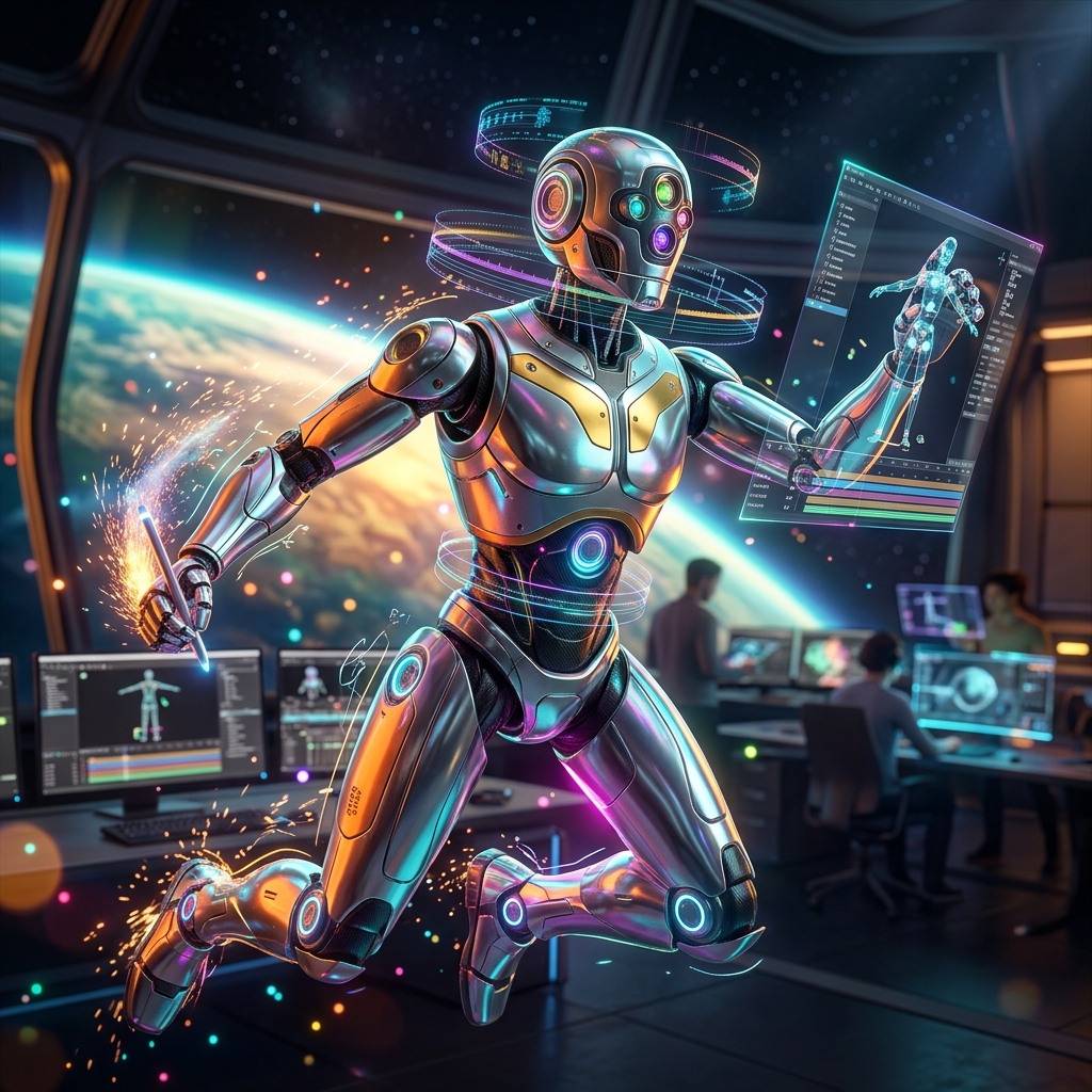 Celscript Animation Studio — Animation category hero — chrome-plated bipedal android caught mid-motion, sparks and light particles trailing around it in orbital space station observation deck with a planet glowing outside the panoramic window