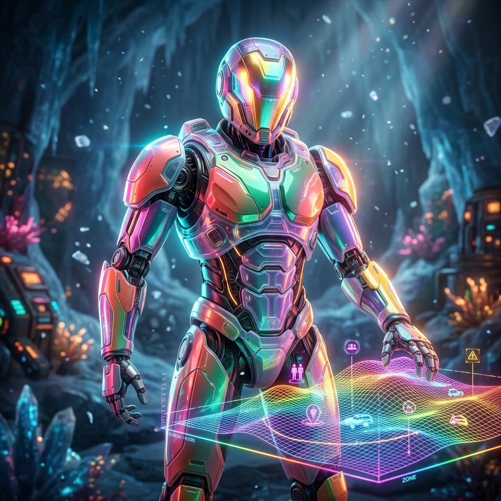 CentriFlow · Field Operations Grid — 3D Modeling category hero — hyper-detailed humanoid robot with glossy plating and glowing visor eyes, striking a confident hero pose in the center of the frame in crystalline ice cavern lit by bioluminescent tech installations