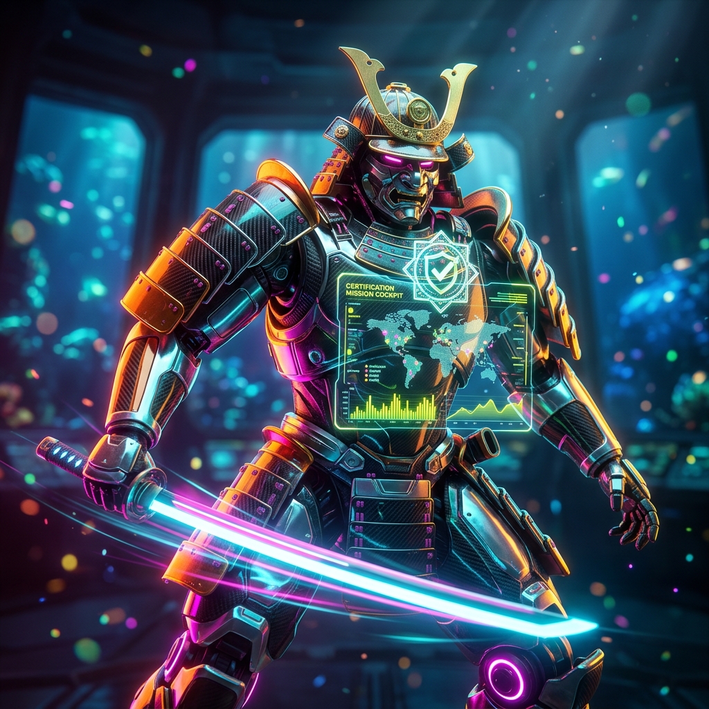CertifyControl — Compliance & Certification Mission Cockpit — Certification category hero — majestic samurai-styled mech in lacquered armor with neon under-glow, katana of light in hand in deep-sea research bay with bulkhead windows onto a bioluminescent ocean