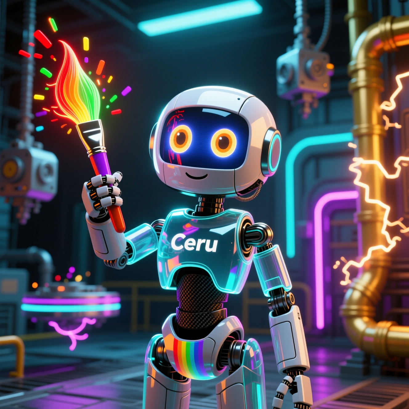 Cerulean — Studio Production Suite — Art category hero — friendly Pixar-quality mascot robot with big expressive optical eyes, holding an object that represents the category in magnetic-levitation factory floor with sparking arcs of electricity and machinery