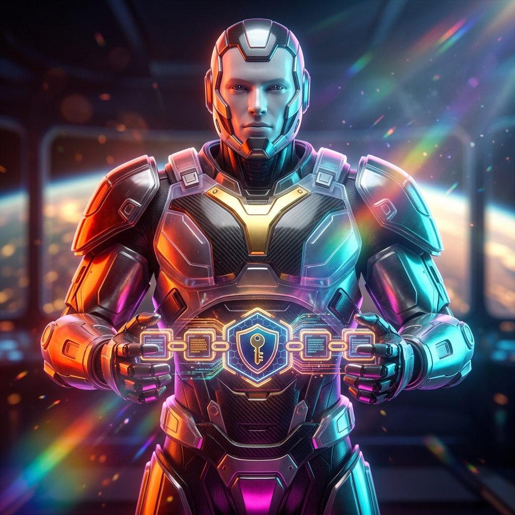 ChainCustody — Evidence Chain Mission Desk — Blockchain category hero — heavily armored guardian robot holding a symbolic emblem of the category with both hands in orbital space station observation deck with a planet glowing outside the panoramic window