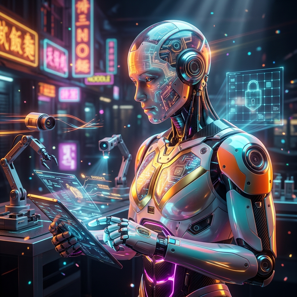 ChainGrid PDA — Evidence Chain Desk — Tools category hero — cinematic cyborg character seen in three-quarter profile, exposed circuitry glowing beneath translucent skin, intense neon rim light in Blade-Runner-style noodle-shop alley with dense neon signage in the background