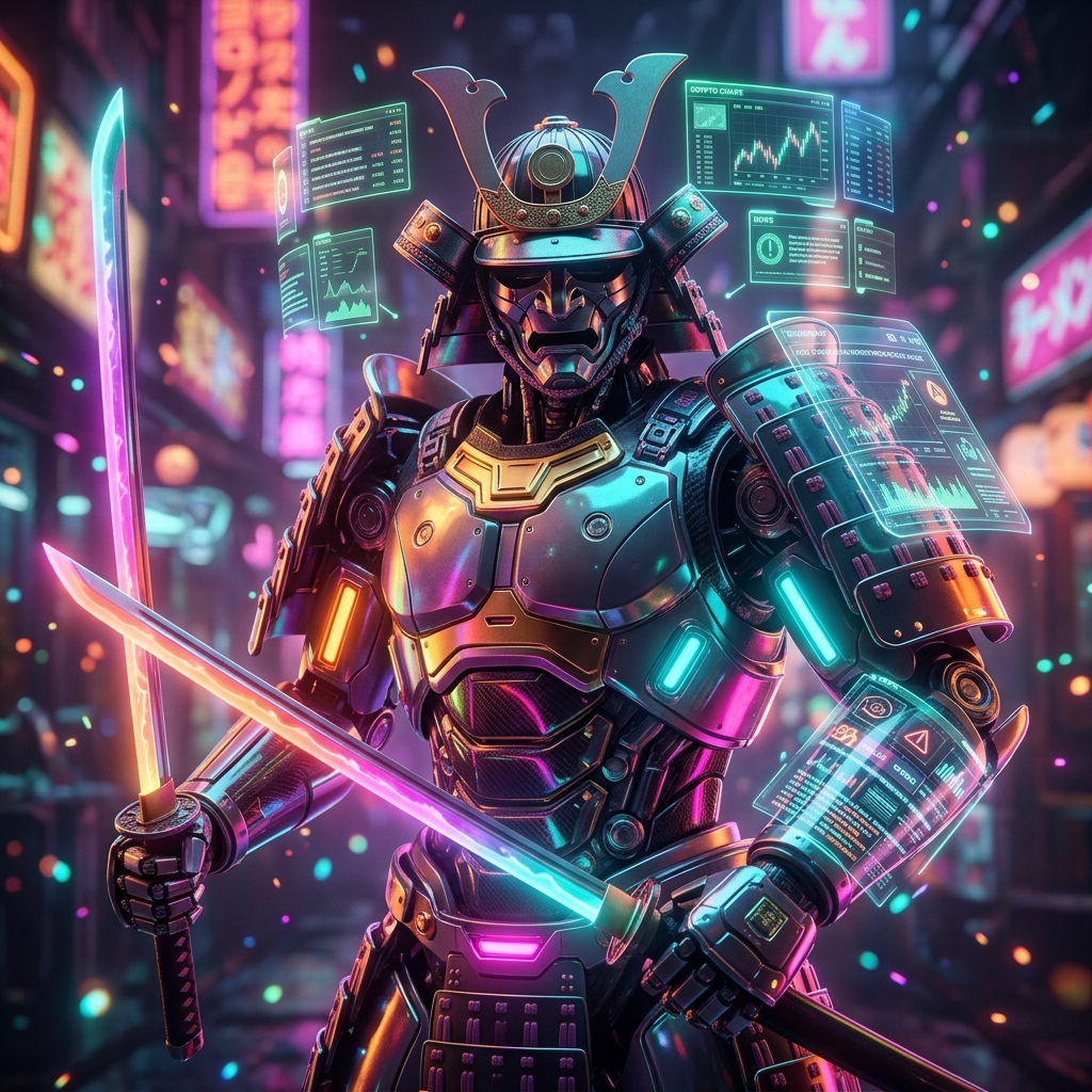 ChainLink OpsCenter — Crypto News Mission Control — Crypto News category hero — majestic samurai-styled mech in lacquered armor with neon under-glow, katana of light in hand in Blade-Runner-style noodle-shop alley with dense neon signage in the background