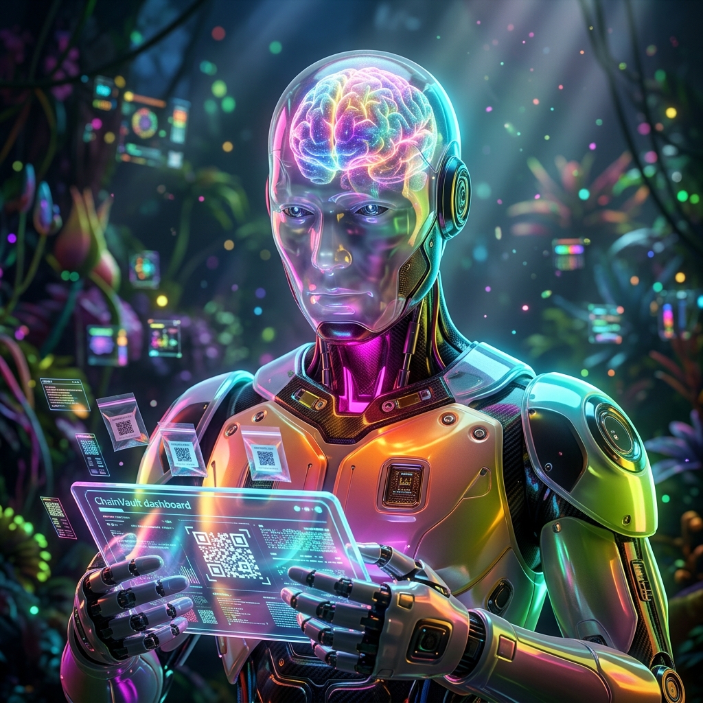 ChainVault Ledger | Evidence Chain of Custody Terminal — Blockchain category hero — translucent glass humanoid figure with a glowing neural-network brain visible inside its head in alien jungle biome with glowing flora and floating tech artifacts