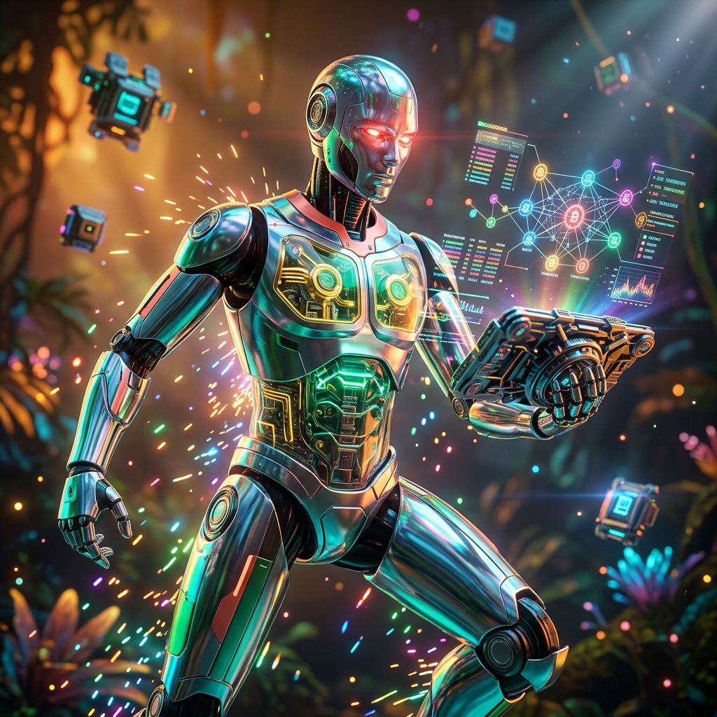 ChainVault Mission Control – Blockchain Operations Cockpit — Blockchain category hero — chrome-plated bipedal android caught mid-motion, sparks and light particles trailing around it in alien jungle biome with glowing flora and floating tech artifacts