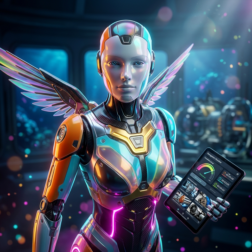 Changeover Master – Machine Changeover OS — Productivity & Productivity Suites category hero — courier-style android with iridescent wings unfurled, mid-flight silhouette against the environment in deep-sea research bay with bulkhead windows onto a bioluminescent ocean