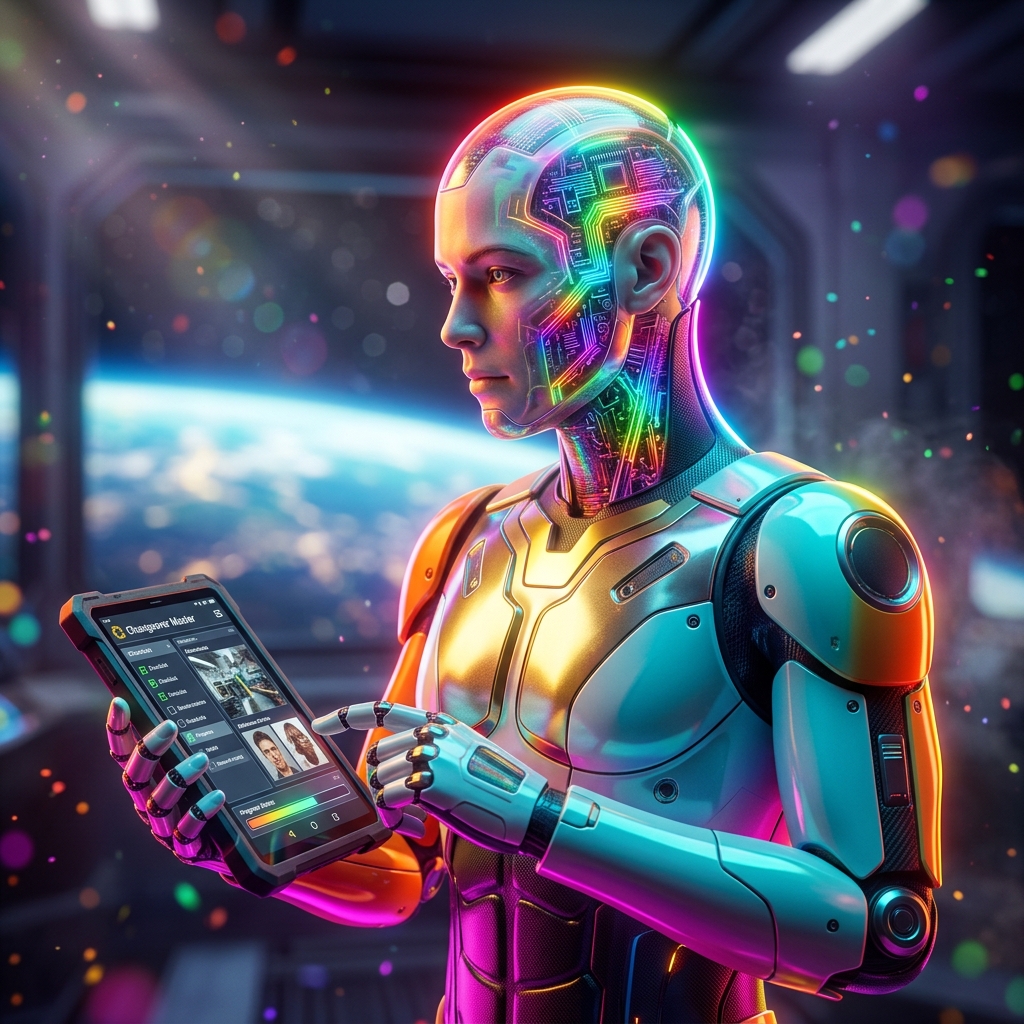 Changeover Master | Machine Operator Changeover Suite — Productivity & Productivity Suites category hero — cinematic cyborg character seen in three-quarter profile, exposed circuitry glowing beneath translucent skin, intense neon rim light in orbital space station observation deck with a planet glowing outside the panoramic window