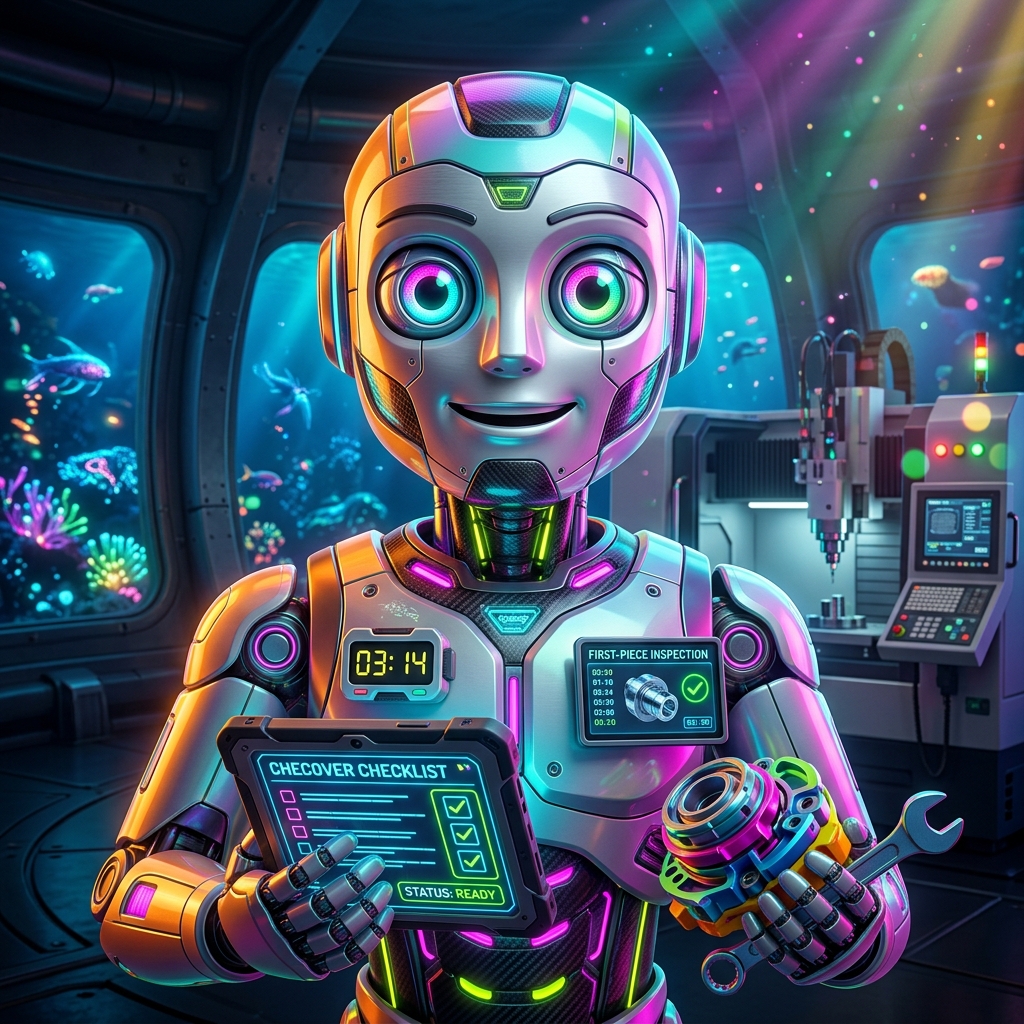 Changeover Master | Setup Command β Productivity & Productivity Suites category hero β friendly Pixar-quality mascot robot with big expressive optical eyes, holding an object that represents the category in deep-sea research bay with bulkhead windows onto a bioluminescent ocean