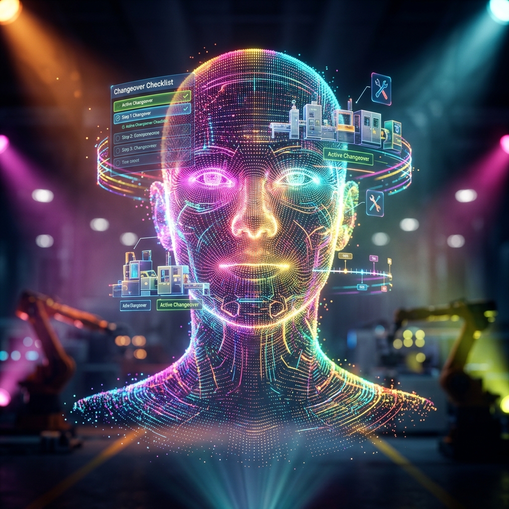 Changeover Master — SMED & Production Changeover Command — Engineering category hero — wireframe holographic human head made of glowing data points, floating in the frame center in dark cinematic stage with dramatic spotlights streaming down and a hazy atmospheric fog