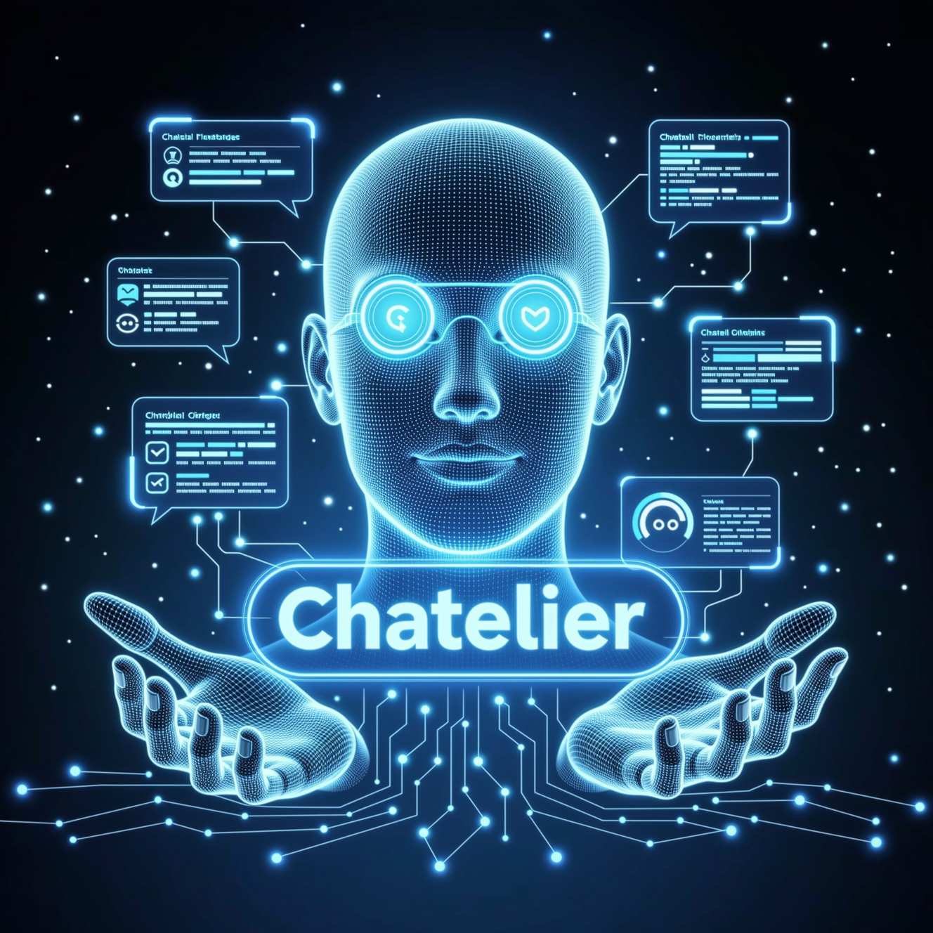 Chatelier — Chatbot Production Suite — Chatbots category hero — wireframe holographic human head made of glowing data points, floating in the frame center in chrome-and-glass showroom with mirrored floor and rim-lit product staging