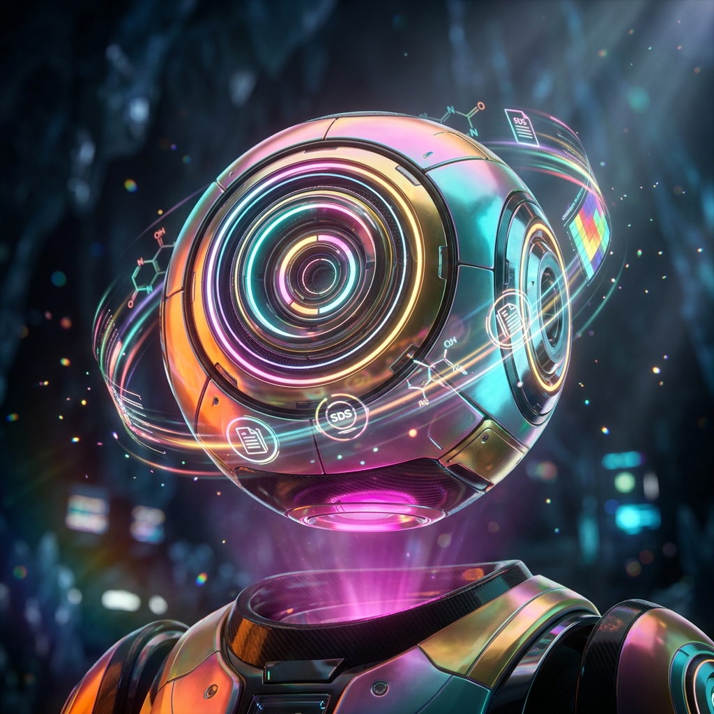 ChemAegis | SDS & Chemical Compliance Intelligence Ledger — Tools category hero — floating spherical AI orb with concentric glowing rings and orbiting holographic icons around it in crystalline ice cavern lit by bioluminescent tech installations