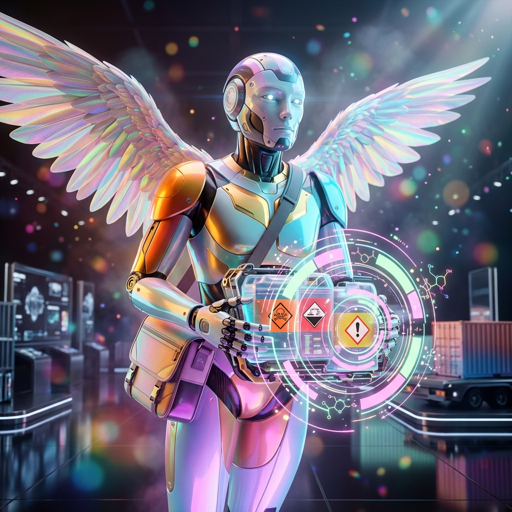 ChemPlex Ops — Chemical & SDS Supply Chain Neural Board — Shipping & Logistics category hero — courier-style android with iridescent wings unfurled, mid-flight silhouette against the environment in chrome-and-glass showroom with mirrored floor and rim-lit product staging