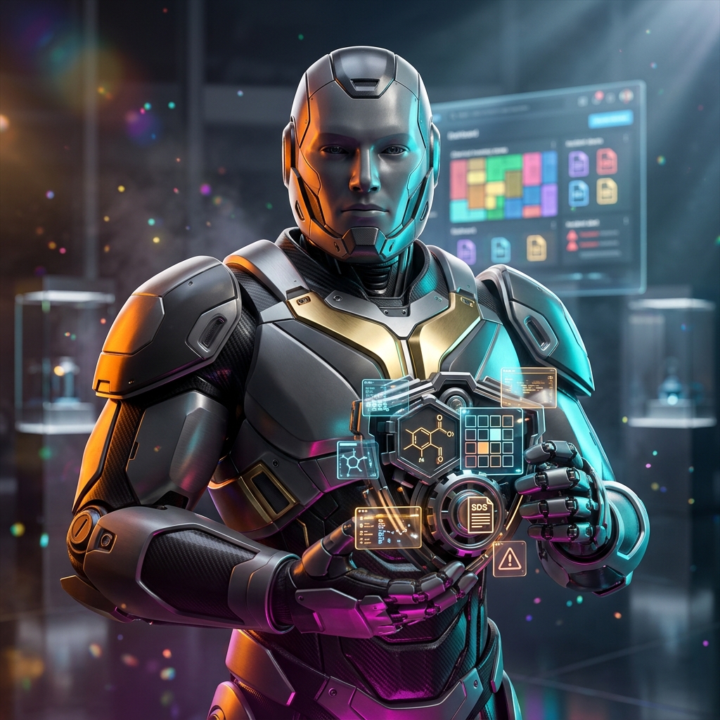 ChemSDS Grid — Chemical & SDS Field Operations — Business Management category hero — heavily armored guardian robot holding a symbolic emblem of the category with both hands in chrome-and-glass showroom with mirrored floor and rim-lit product staging
