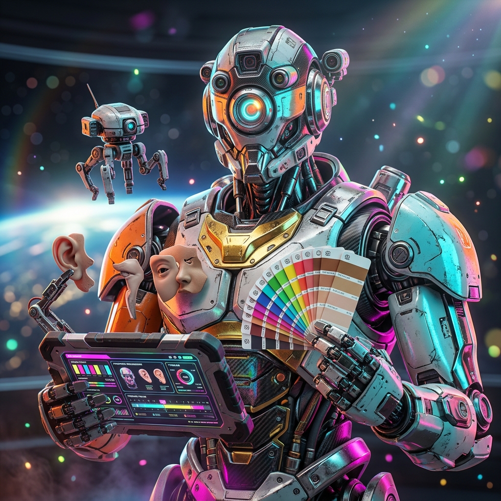 ChromaContinuity — Makeup Continuity Command — Art category hero — duo of contrasting robots — one large hero mech and a small companion droid — composed cinematically in orbital space station observation deck with a planet glowing outside the panoramic window