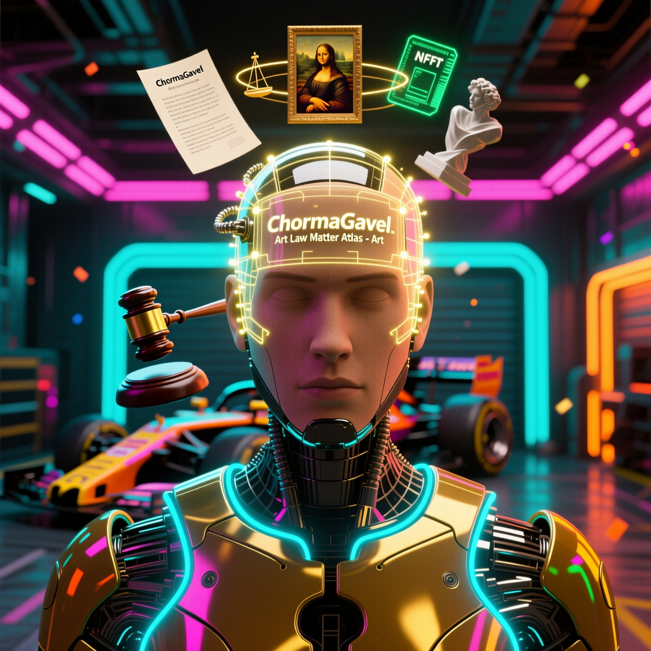 ChromaGavel — Art Law Matter Atlas — Art category hero — wireframe holographic human head made of glowing data points, floating in the frame center in Formula-1 style pit garage with saturated color lighting and mechanical detail