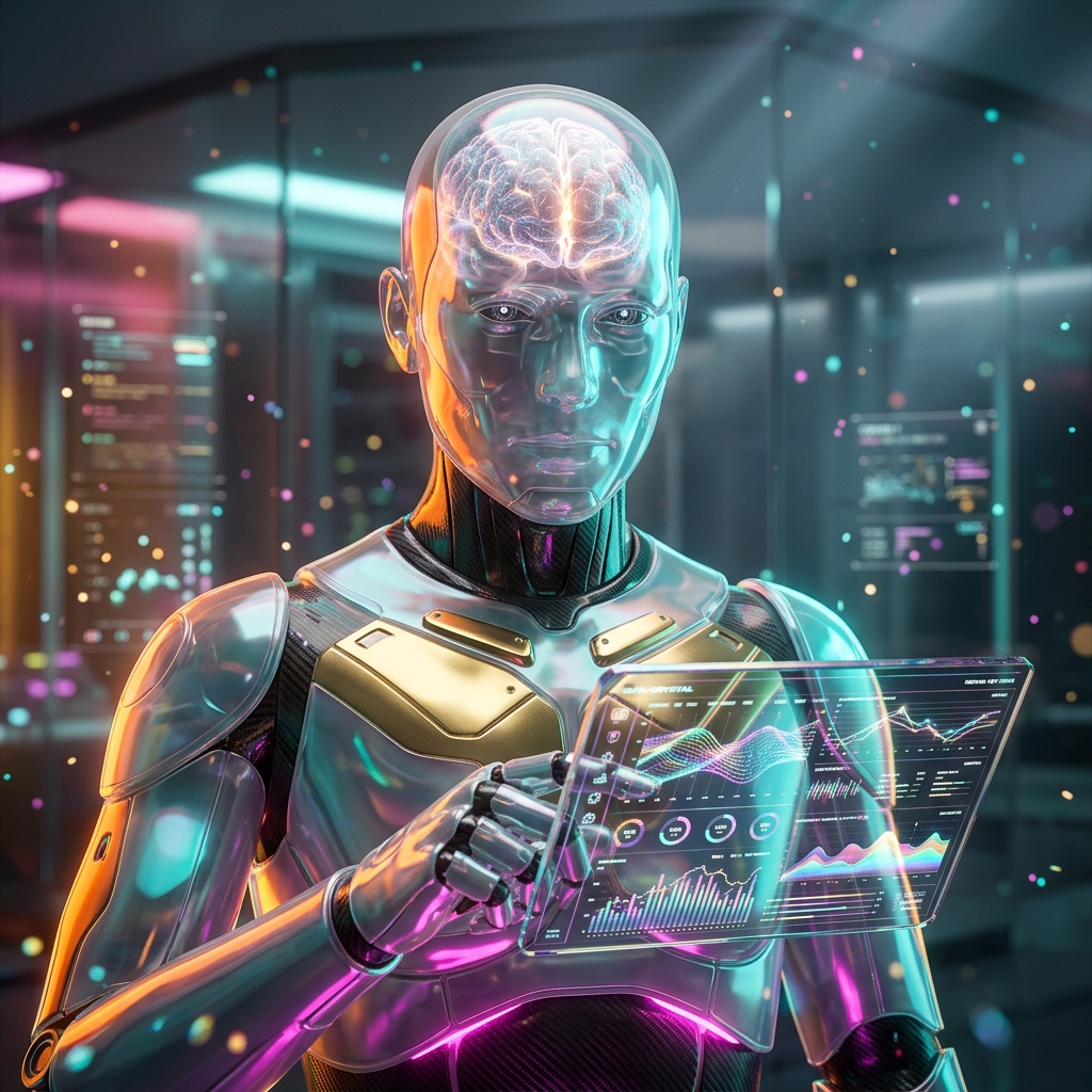 ChronicCare Navigator | Internist Field Operations — Digital Health category hero — translucent glass humanoid figure with a glowing neural-network brain visible inside its head in sleek high-tech laboratory with glass walls, floating data panels and particle light