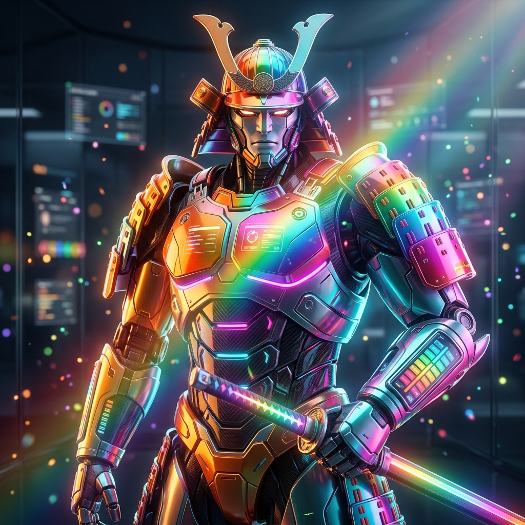 ChronicCare Navigator — Internist Longitudinal Care Console — Medical Records category hero — majestic samurai-styled mech in lacquered armor with neon under-glow, katana of light in hand in sleek high-tech laboratory with glass walls, floating data panels and particle light