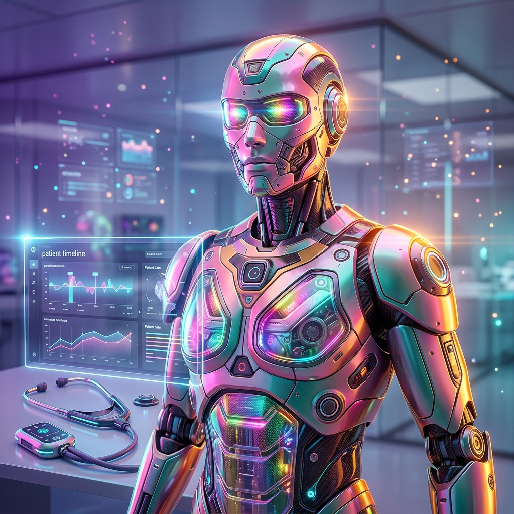 ChronisTrack — ChronicCare Navigator for Internists — Digital Health category hero — hyper-detailed humanoid robot with glossy plating and glowing visor eyes, striking a confident hero pose in the center of the frame in sleek high-tech laboratory with glass walls, floating data panels and particle light