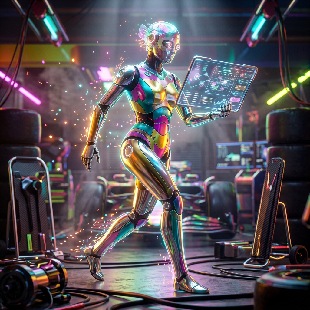 Chronos Ops — Appointment Command — Booking category hero — chrome-plated bipedal android caught mid-motion, sparks and light particles trailing around it in Formula-1 style pit garage with saturated color lighting and mechanical detail