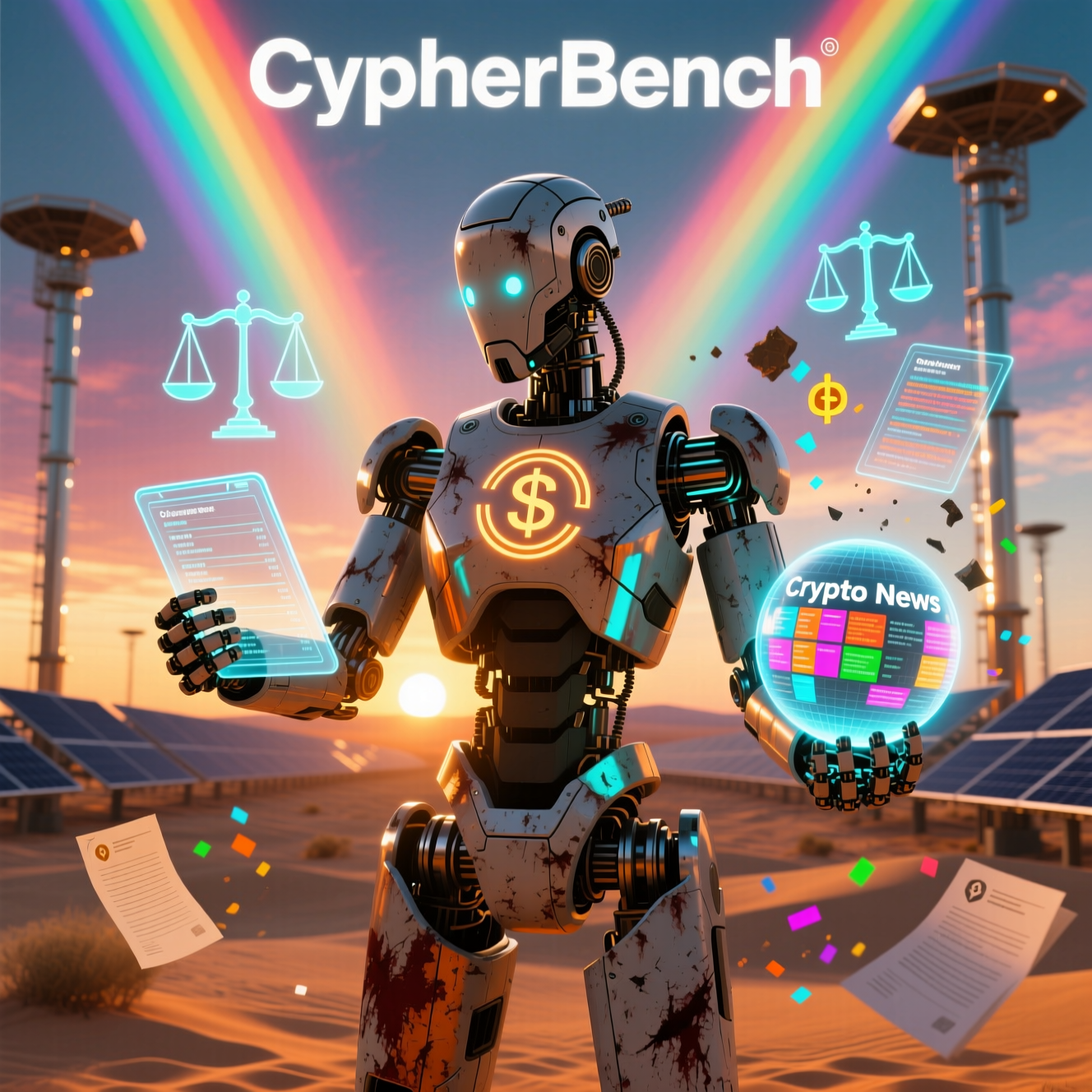 CipherBench — Crypto Legal Matter Atlas & Docket Command — Crypto News category hero — war-worn but heroic mech pilot robot with painted panels, weathered detail, cinematic hero lighting in desert solar farm at magic hour with reflective sand and towering chrome pylons