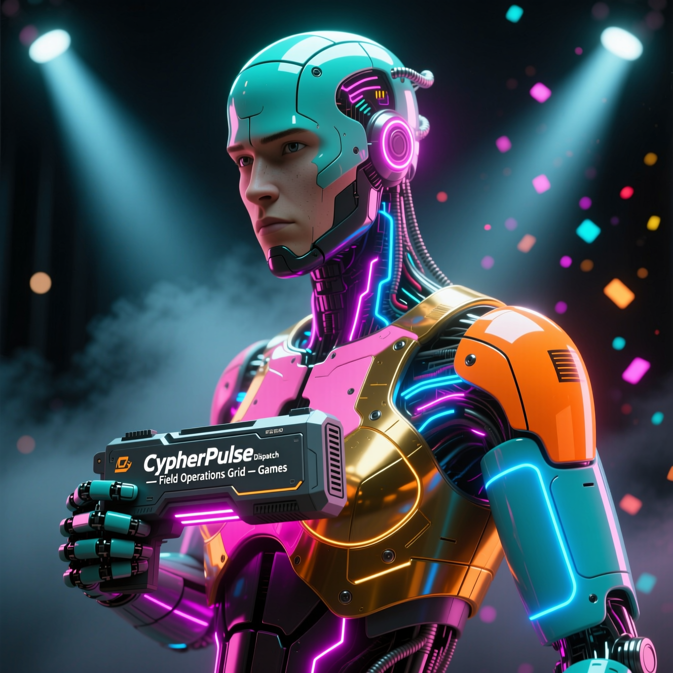 CipherPulse Dispatch — Field Operations Grid — Games category hero — cinematic cyborg character seen in three-quarter profile, exposed circuitry glowing beneath translucent skin, intense neon rim light in dark cinematic stage with dramatic spotlights streaming down and a hazy atmospheric fog