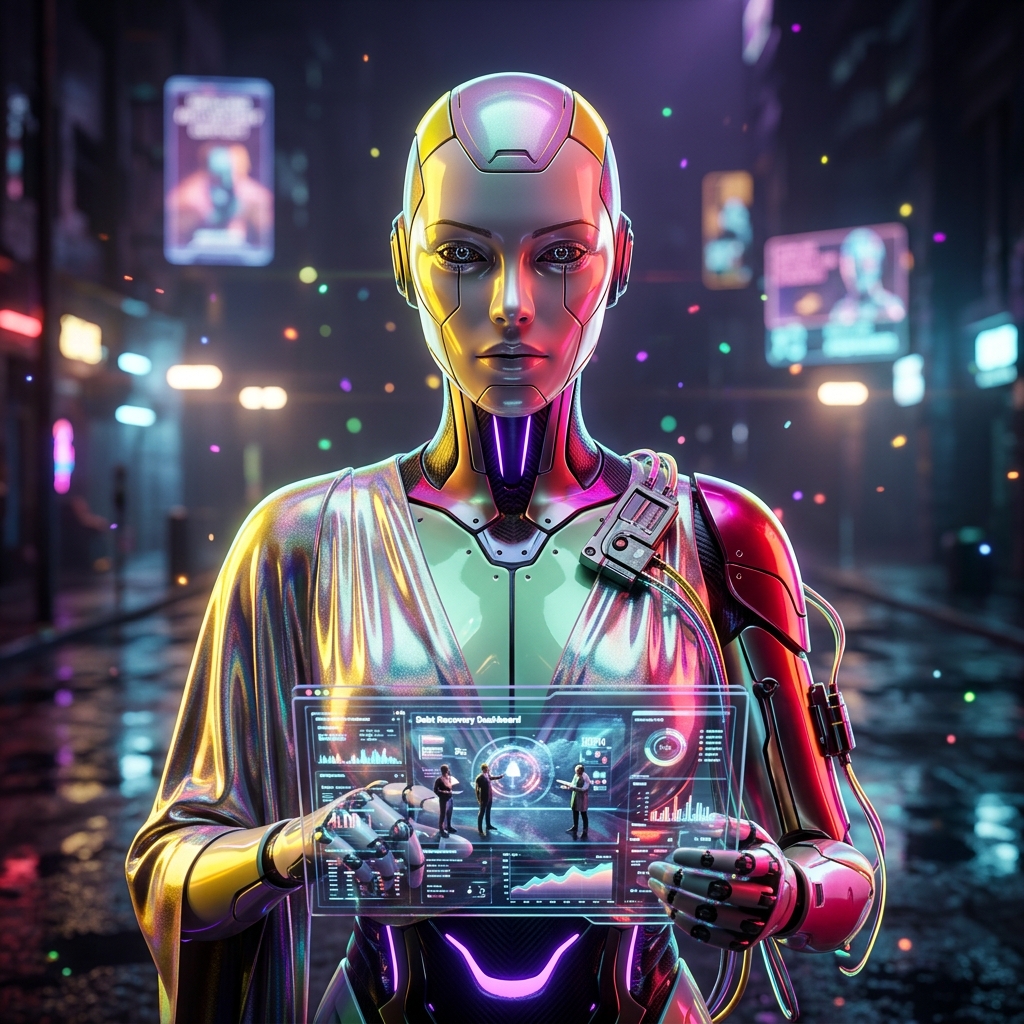 ClaimPulse Command — Debt Recovery War Room — Business Management category hero — elegant fashion-forward android in flowing reflective couture fabric, editorial pose in neon-lit cyberpunk street at night, wet pavement reflections, hovering holograms in the background