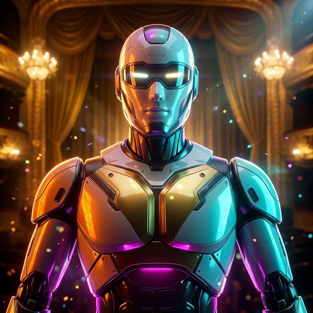 Clarity Studio | Coaching Business OS — Life Coaching & Personal Development category hero — hyper-detailed humanoid robot with glossy plating and glowing visor eyes, striking a confident hero pose in the center of the frame in golden-lit theater interior with heavy velvet curtains and cinematic chandeliers