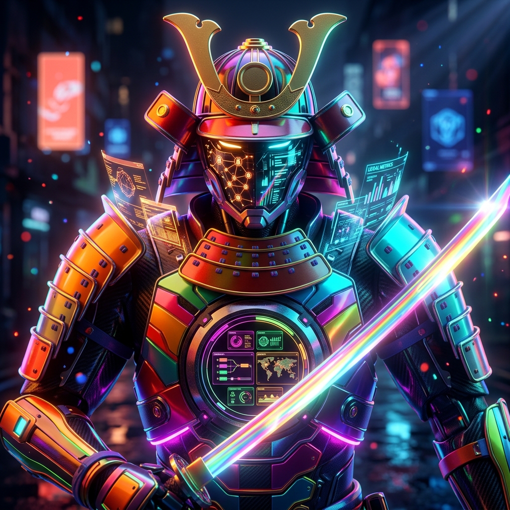ClauseFront — Contract Command War Room — Legal category hero — majestic samurai-styled mech in lacquered armor with neon under-glow, katana of light in hand in neon-lit cyberpunk street at night, wet pavement reflections, hovering holograms in the background