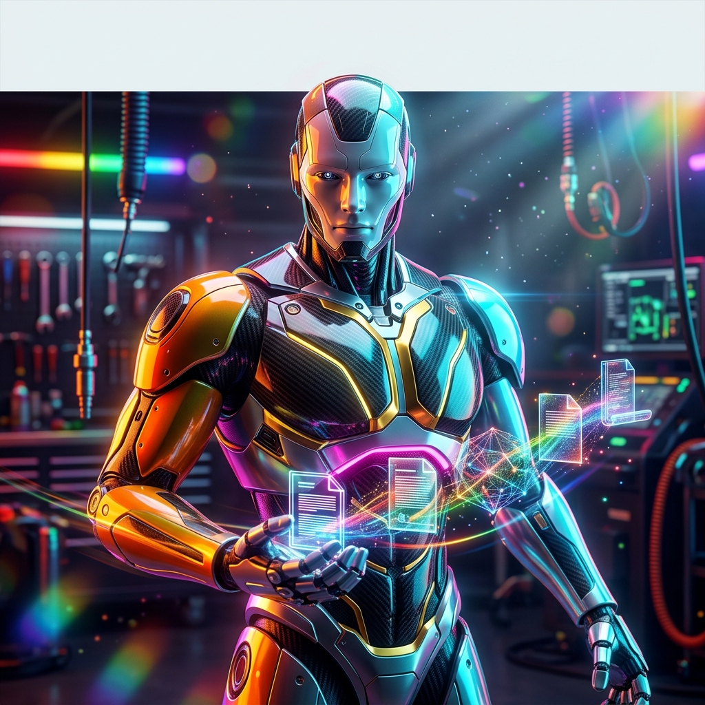 ClauseMatrix · Contract Lifecycle Command — Document Management category hero — sleek sports-car-inspired bipedal android mid-motion, carbon-fiber musculature and glowing accent lines in Formula-1 style pit garage with saturated color lighting and mechanical detail