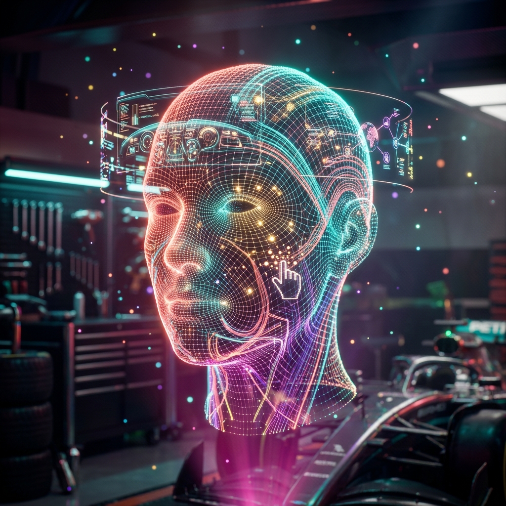 ClientBridge — Mission Control Cockpit — Business Management category hero — wireframe holographic human head made of glowing data points, floating in the frame center in Formula-1 style pit garage with saturated color lighting and mechanical detail