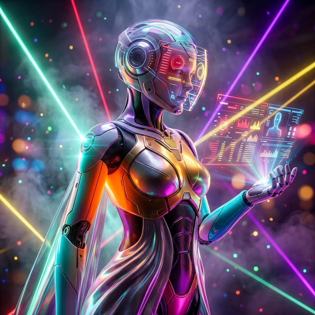 ClientSphere — Customer Self-Service Command — CRM category hero — elegant fashion-forward android in flowing reflective couture fabric, editorial pose in underground rave-like data cathedral with laser beams cutting through smoke