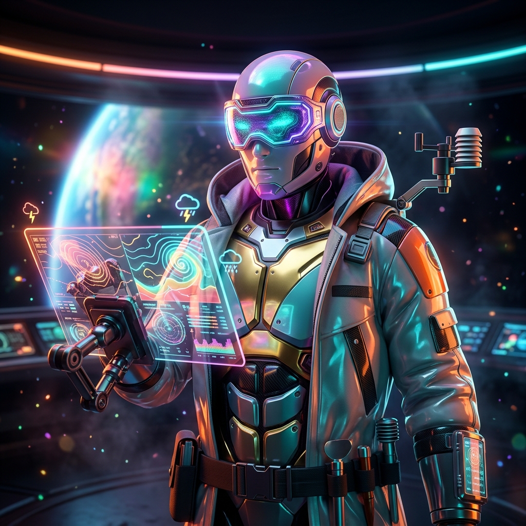 Climate Ledger Pro — Compliance Intelligence for Meteorology — Weather category hero — hyper-detailed humanoid robot with glossy plating and glowing visor eyes, striking a confident hero pose in the center of the frame in orbital space station observation deck with a planet glowing outside the panoramic window