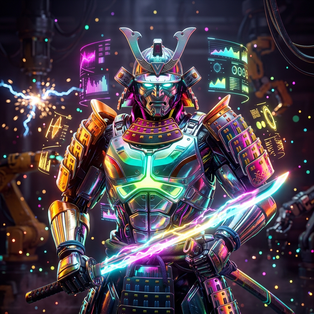 ClinicaCase — Clinical Command Center — Medical Services category hero — majestic samurai-styled mech in lacquered armor with neon under-glow, katana of light in hand in magnetic-levitation factory floor with sparking arcs of electricity and machinery
